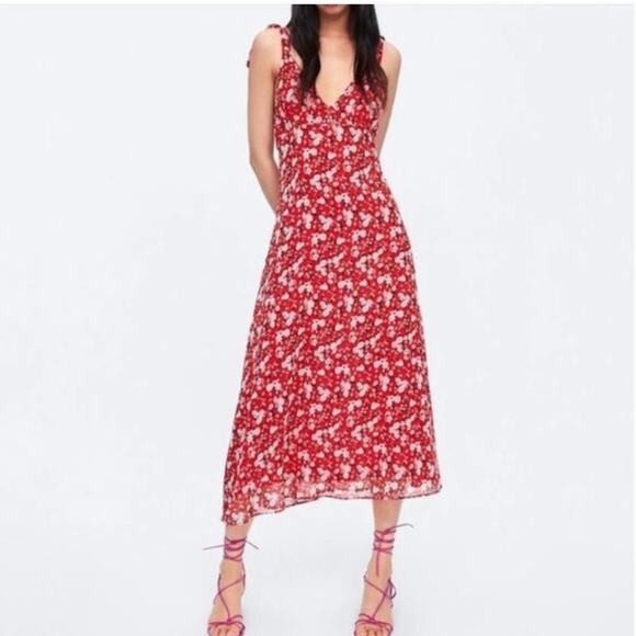 Zara Dresses & Skirts - Zara Boho Red Floral Print Tie Strap Sleeveless Midi Chiffon Dress Medium